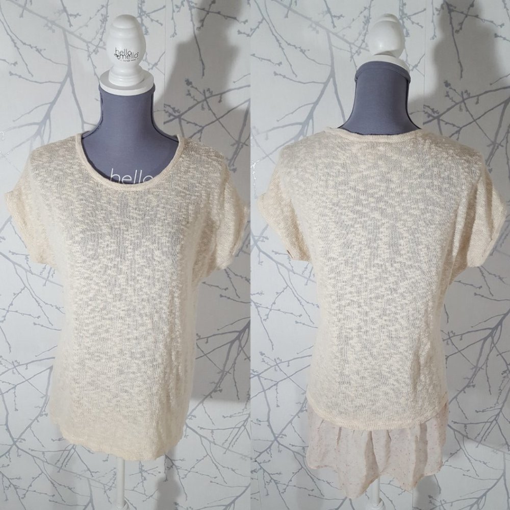LOFT Heathered Ivory Knit Short Sleeve High Low Peplum Blouse
